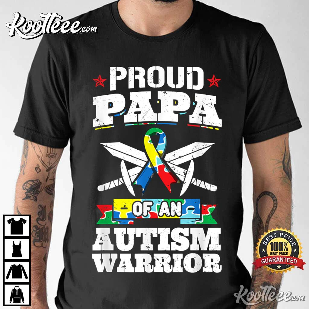 Proud Papa Of An Autism Warrior Awareness Ribbon T-Shirt
