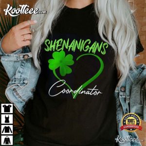 Shenanigans Coordinator Green Heart Shamrock St Patricks Day T Shirt 1