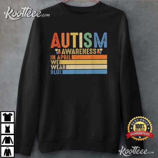 Retro In April We Wear Blue Puzzle Autism Awareness Month T-Shirt
