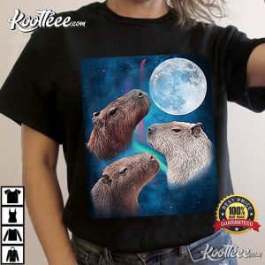 Three Capybaras Moon And Nighttime Sky T Shirt 1
