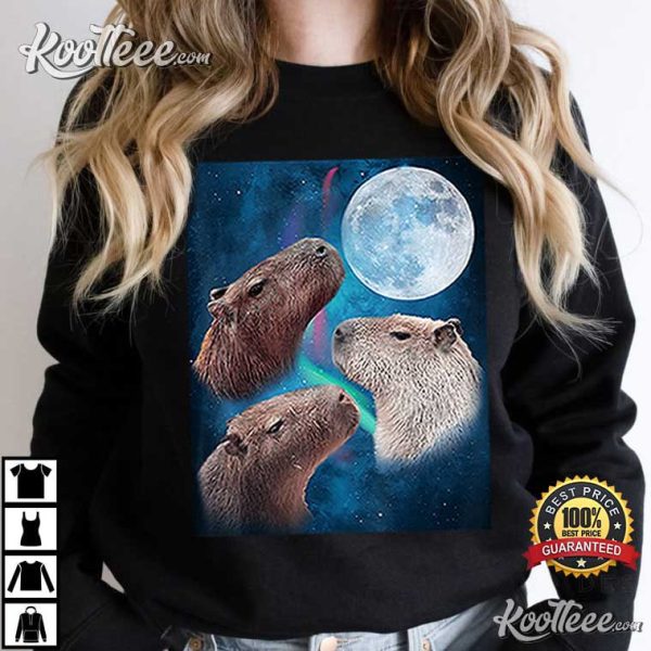 Three Capybaras Moon And Nighttime Sky T-Shirt