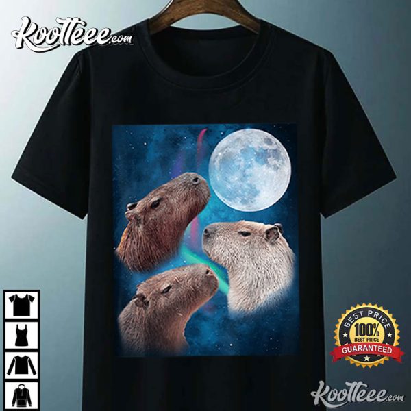 Three Capybaras Moon And Nighttime Sky T-Shirt