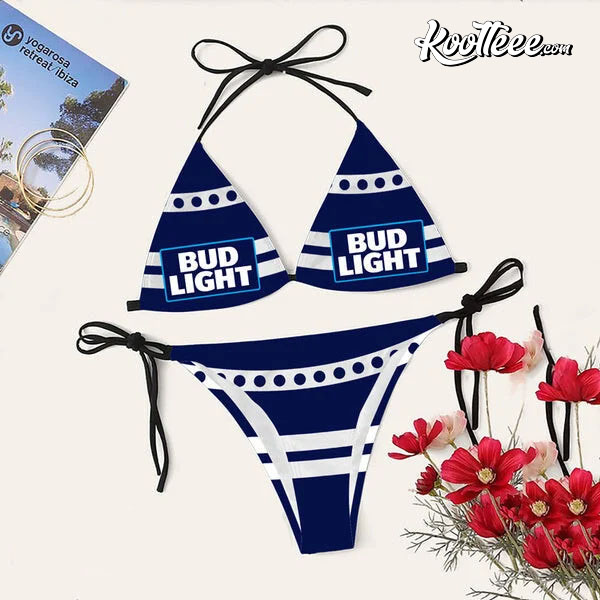White Stripe Bud Light Triangle Bikini Set Swimsuit