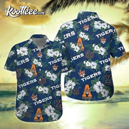 Auburn Tiger Hibiscus Tropical Leaves Hawaiian Shirt