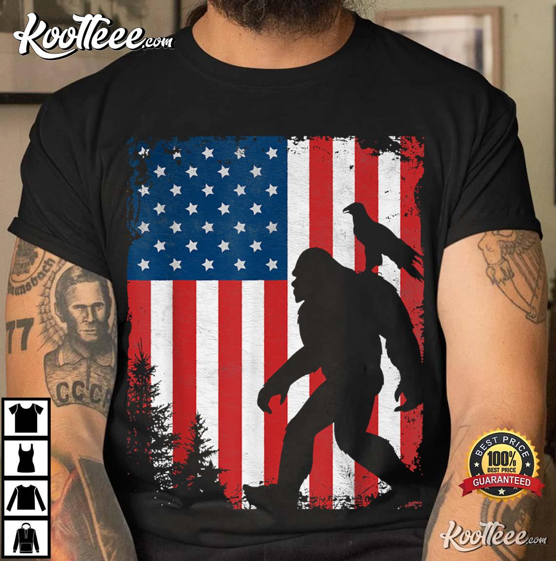 Bigfoot 4th Of July Bald Eagle American USA Flag Patriotic T-Shirt