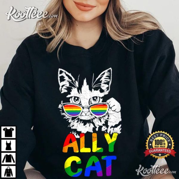 Retro Ally Cat Rainbow Sunglasses LGBT Lesbian Gay Pride T-Shirt