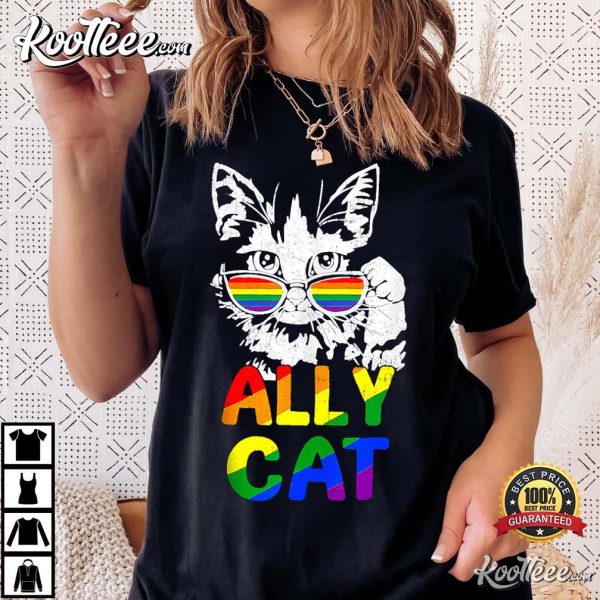 Retro Ally Cat Rainbow Sunglasses LGBT Lesbian Gay Pride T-Shirt