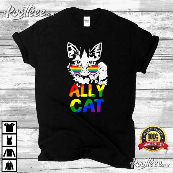 Retro Ally Cat Rainbow Sunglasses LGBT Lesbian Gay Pride T-Shirt