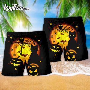 Halloween Awesome Black Cat And Pumpkin Hawaiian Shorts