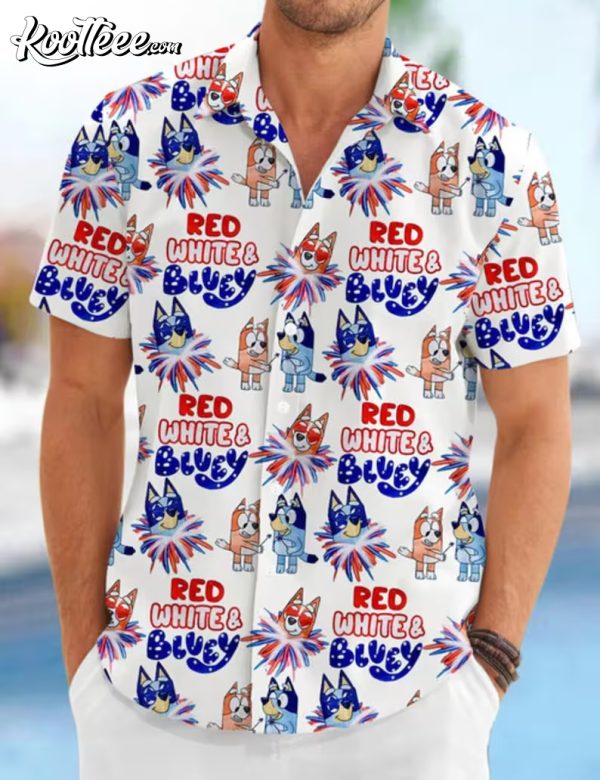 Red White And Bluey Fireworks Independence Day Hawaiian Shirt