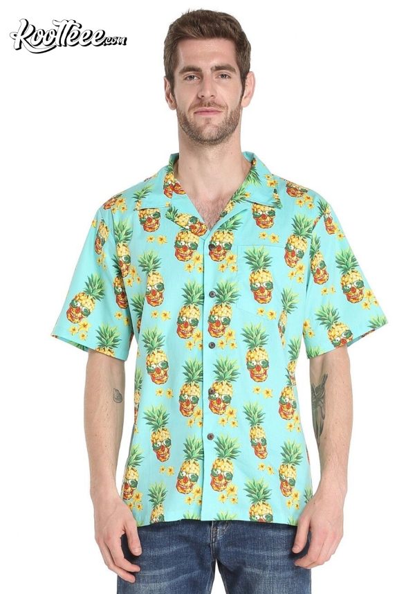 Halloween Pineapple Skull Turquoise Hawaiian Shirt