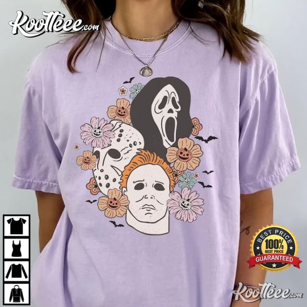 Vintage Floral Horror Movie Characters T-Shirt