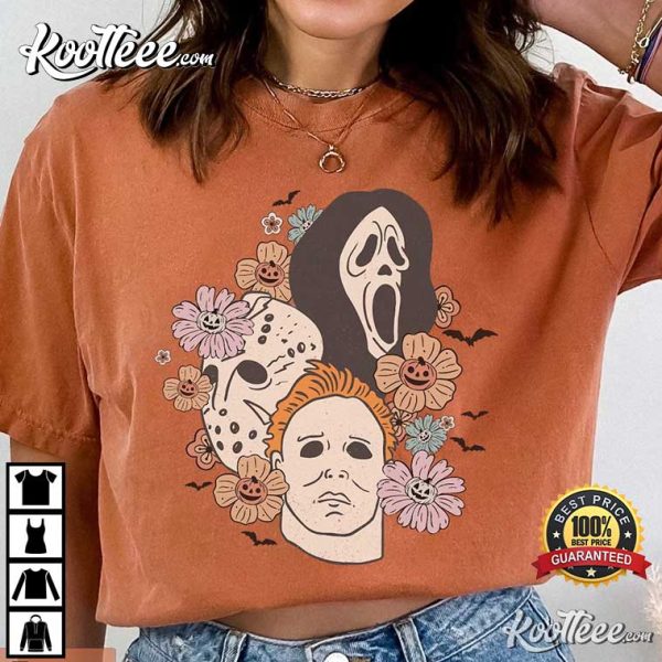 Vintage Floral Horror Movie Characters T-Shirt