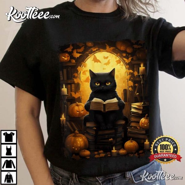 Teachers Halloween Black Cat Reading Books Pumpkin Autumn T-Shirt