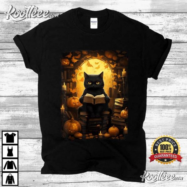 Teachers Halloween Black Cat Reading Books Pumpkin Autumn T-Shirt