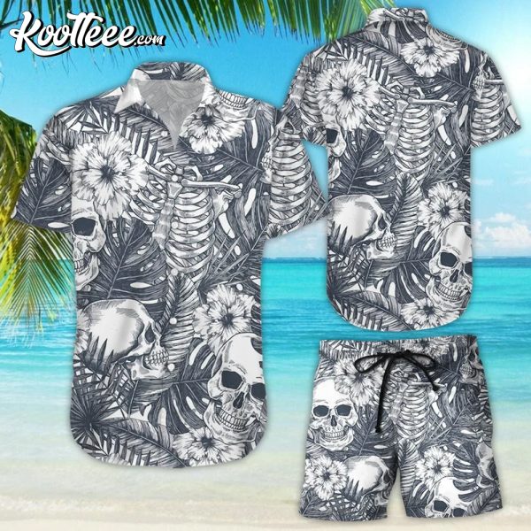Halloween Skull Tropical Grey Hawaiian Shirt And Shorts