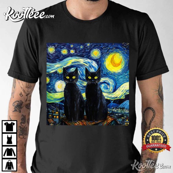 Black Cats Starry Night Vincent Van Gogh T-Shirt