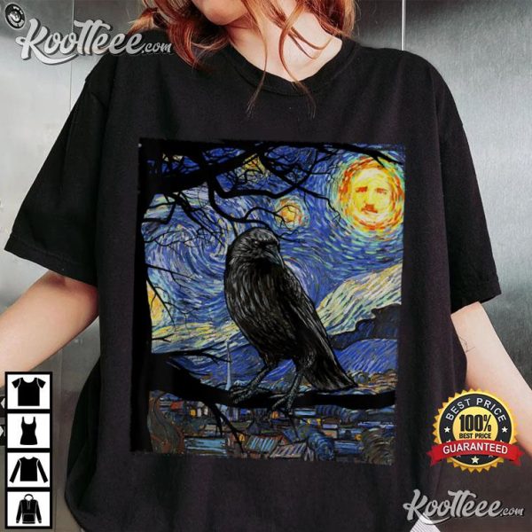 Raven Art Starry Night With Edgar Allan Poe T-Shirt