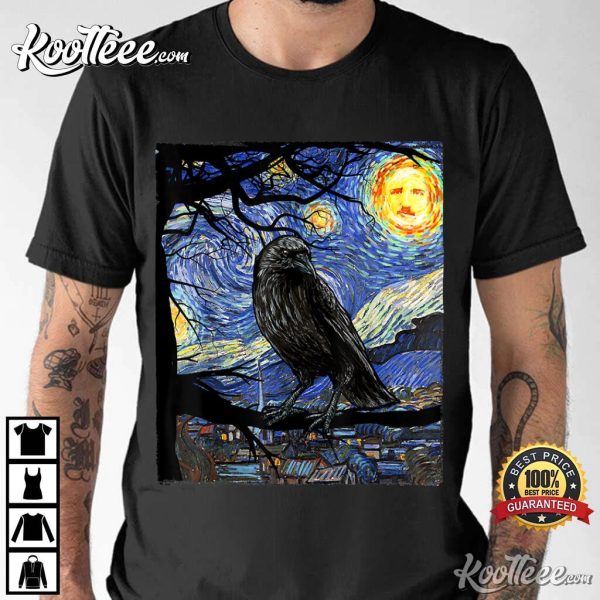 Raven Art Starry Night With Edgar Allan Poe T-Shirt