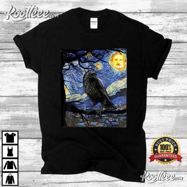 Raven Art Starry Night With Edgar Allan Poe T-Shirt