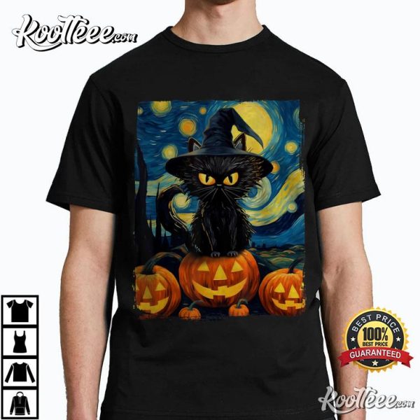 Witch Cat Starry Night Van Gogh Halloween T-Shirt