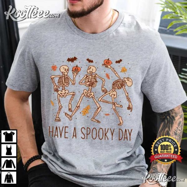 Halloween Pumpkin Dancing Skeletons Spooky Season T-Shirt