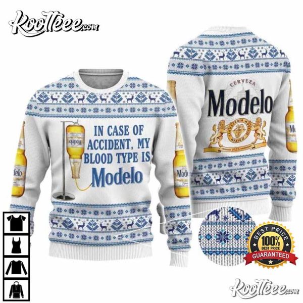 Modelo Beer In Case Of Accident My Blood Type Is Modelo Ugly Christmas Sweater