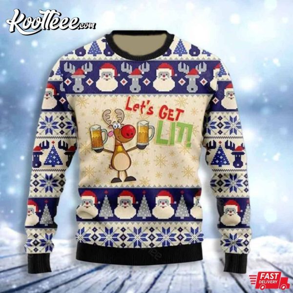 Beer Lover Lets Get Lit Ugly Christmas Sweater