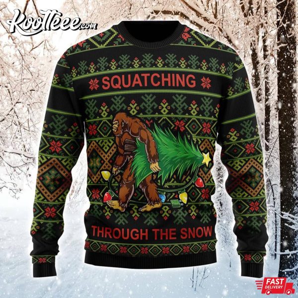 Bigfoot Squatching Through The Snow Ugly Sweater