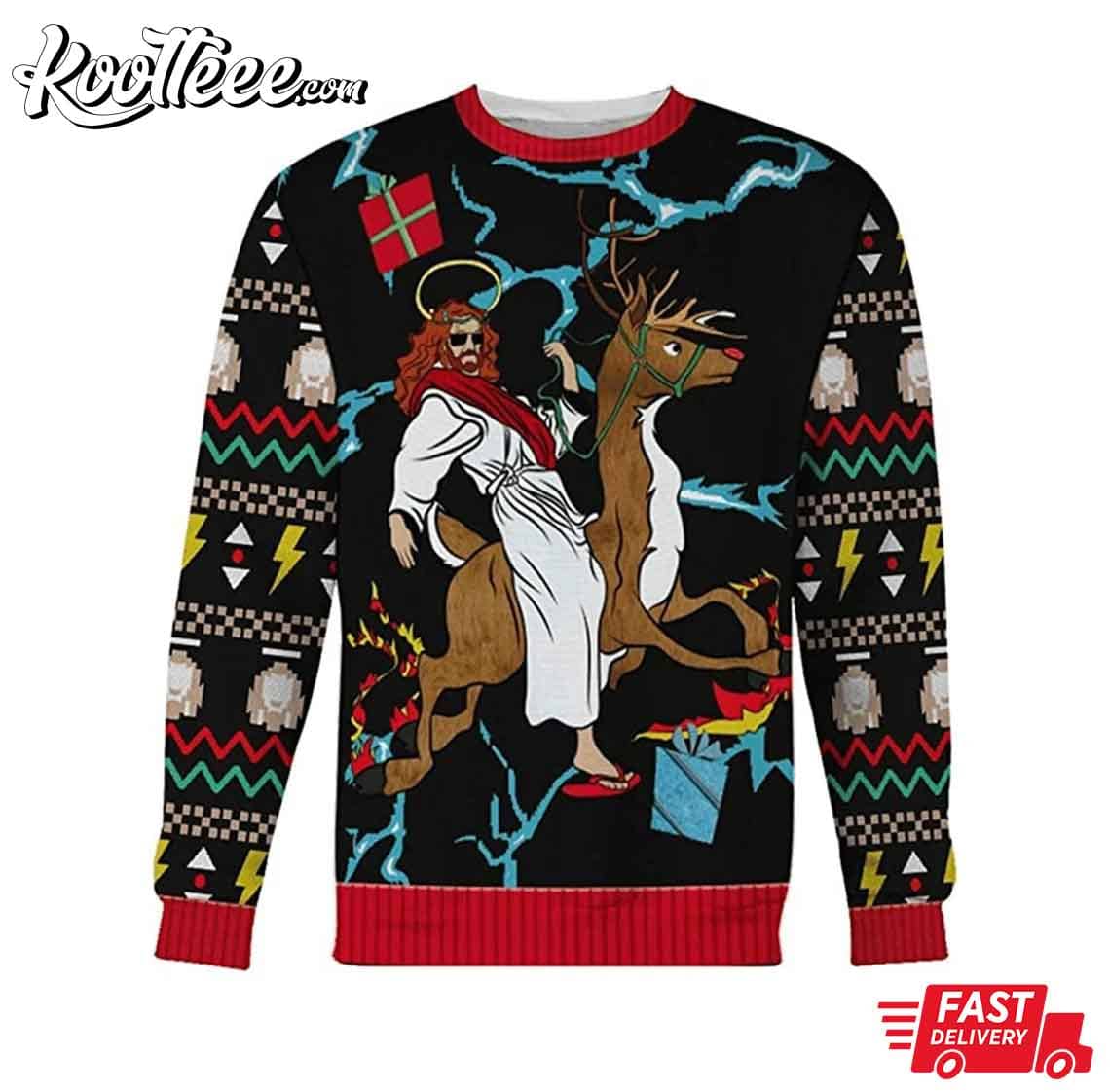 Jesus Riding Reindeer Ugly Christmas Sweater