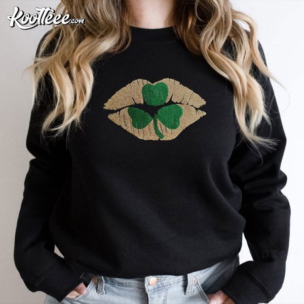 Three Leaf Clover Lips Glitter St Patricks Day Embroidered Sweatshirt