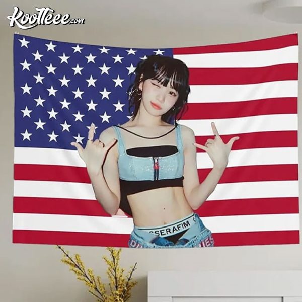 Chaewon Le Sserafim American Flag Wall Tapestry