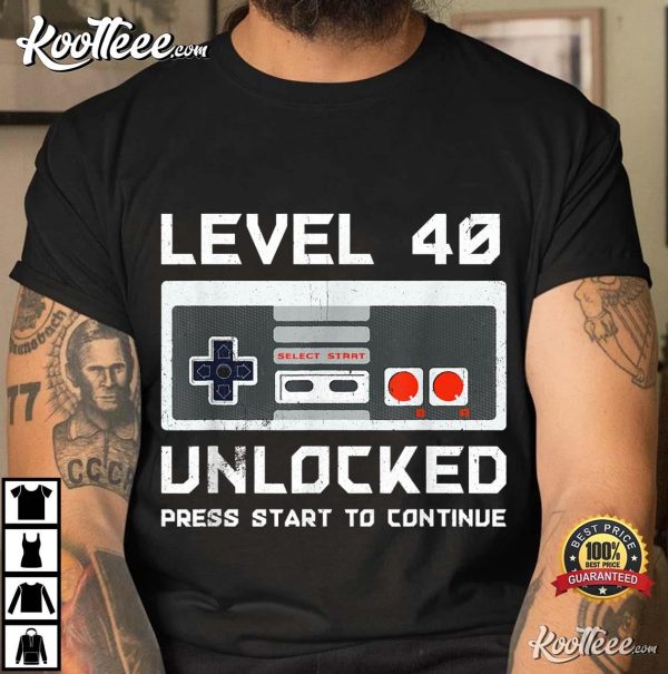40th Birthday Gift Level 40 Unlocked Gamer T-Shirt