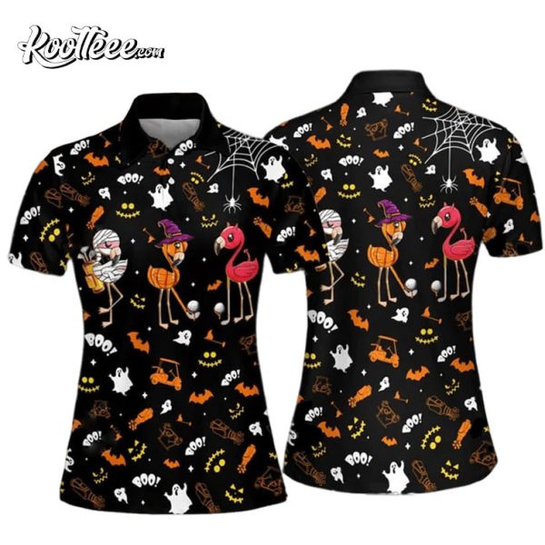 Flamingo Mummies Witches Pumpkins Halloween Pattern Polo Shirt