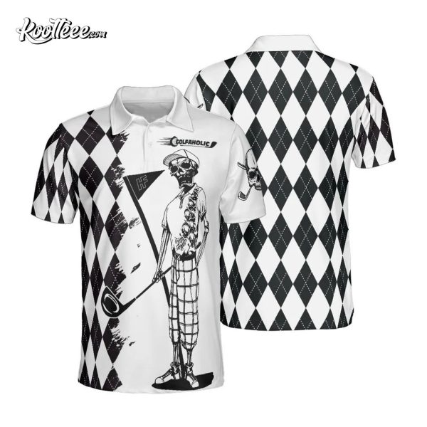 Golfaholic Skull Skeleton With Argyle Pattern Polo Shirt