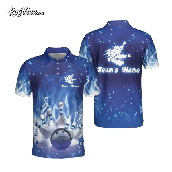 Bowling Team On Blue Fire Custom Name Polo Shirt