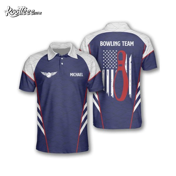 Bowling Team White Blue Wave American Flag Custom Polo Shirt