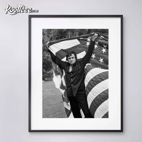 Johnny Cash Holding The American Flag 1974 Poster