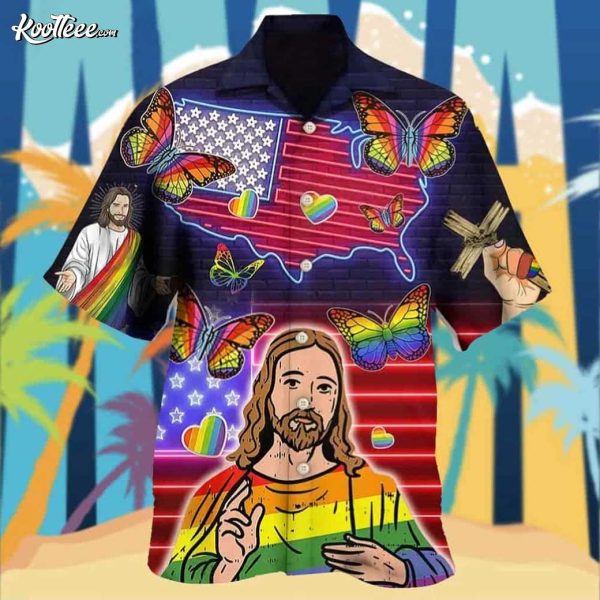 LGBT Independence Day Jesus Butterfly Neon Hawaiian Shirt