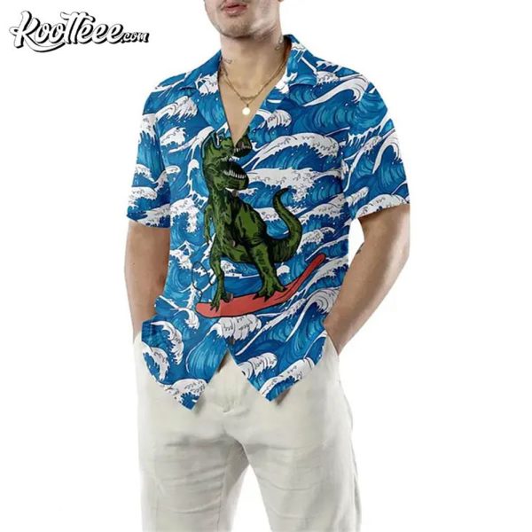 Surfing T-Rex Dinosaur Hawaiian Shirt