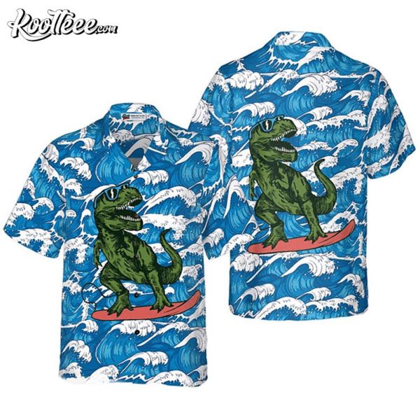 Surfing T-Rex Dinosaur Hawaiian Shirt