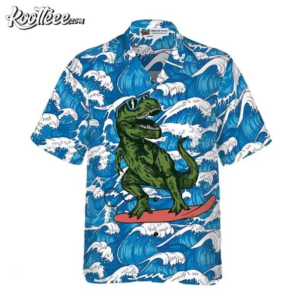 Surfing T-Rex Dinosaur Hawaiian Shirt