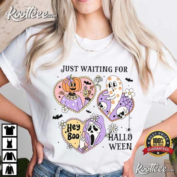 Just Waiting For Halloween Spooky Season Party Retro T-Shirt