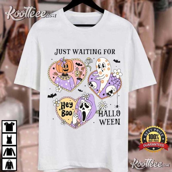 Just Waiting For Halloween Spooky Season Party Retro T-Shirt