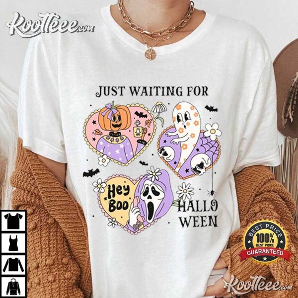 Just Waiting For Halloween Spooky Season Party Retro T-Shirt