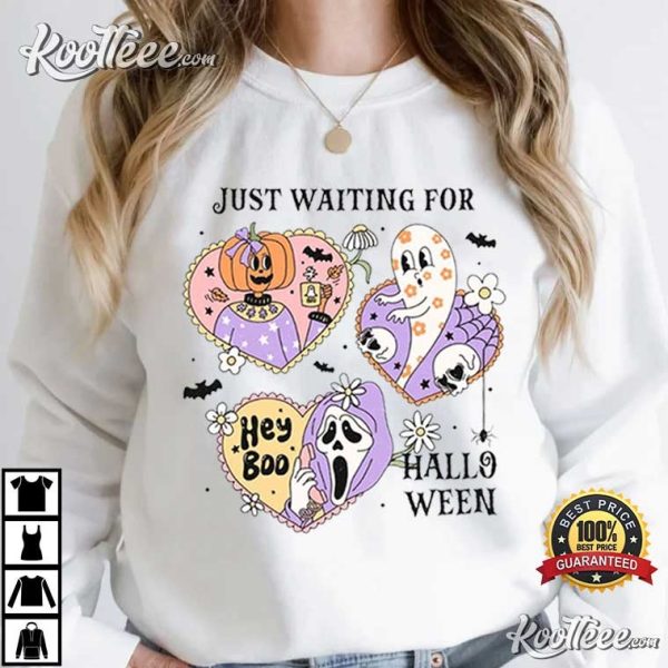 Just Waiting For Halloween Spooky Season Party Retro T-Shirt