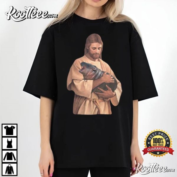 Jesus Holding Moo Deng Funny Meme T-Shirt