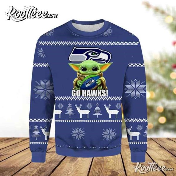 Seattle Seahawks Baby Yoda Go Hawks Ugly Christmas Sweater