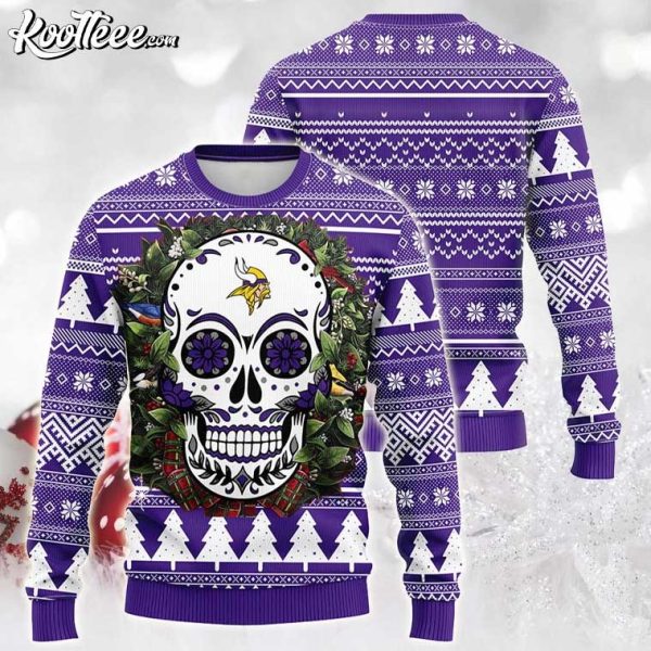 Minnesota Vikings Skull Flower Ugly Christmas Sweater