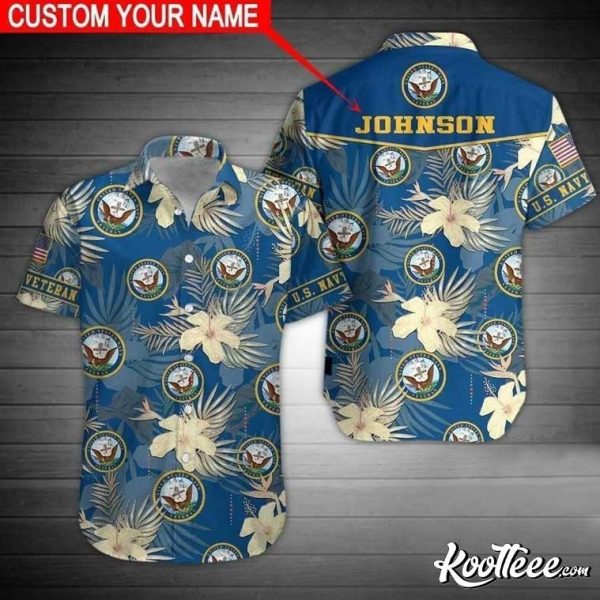 Us Navy Hibiscus Blue Custom Name Hawaiian Shirt